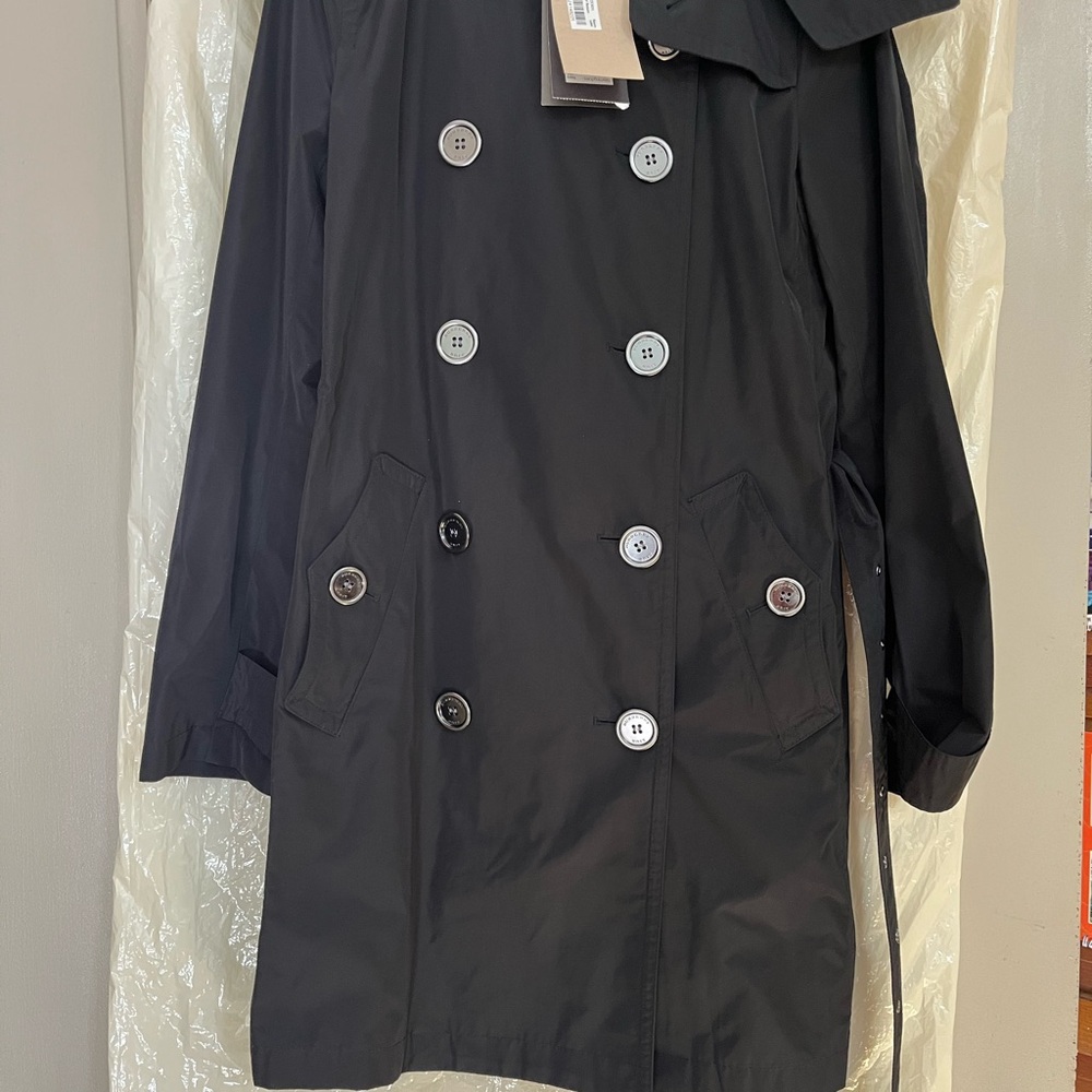 NWT Burberry Brit Black Trench Coat Double Breasted with detachable hood size 4